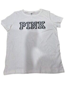 PINK large white short sleeve black silver rhinestones nwt